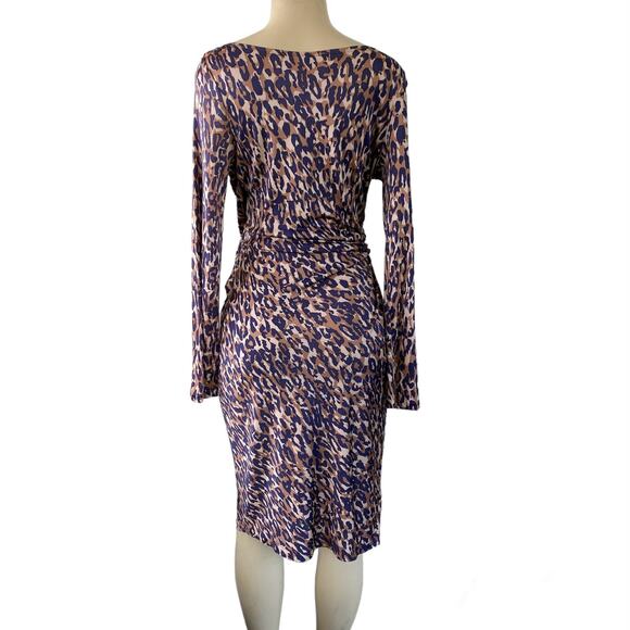 L.K. Bennett Midi Bodycon Dress Women's 8 Purple Tan Silk V Neck Long Sleeve - Picture 2 of 7